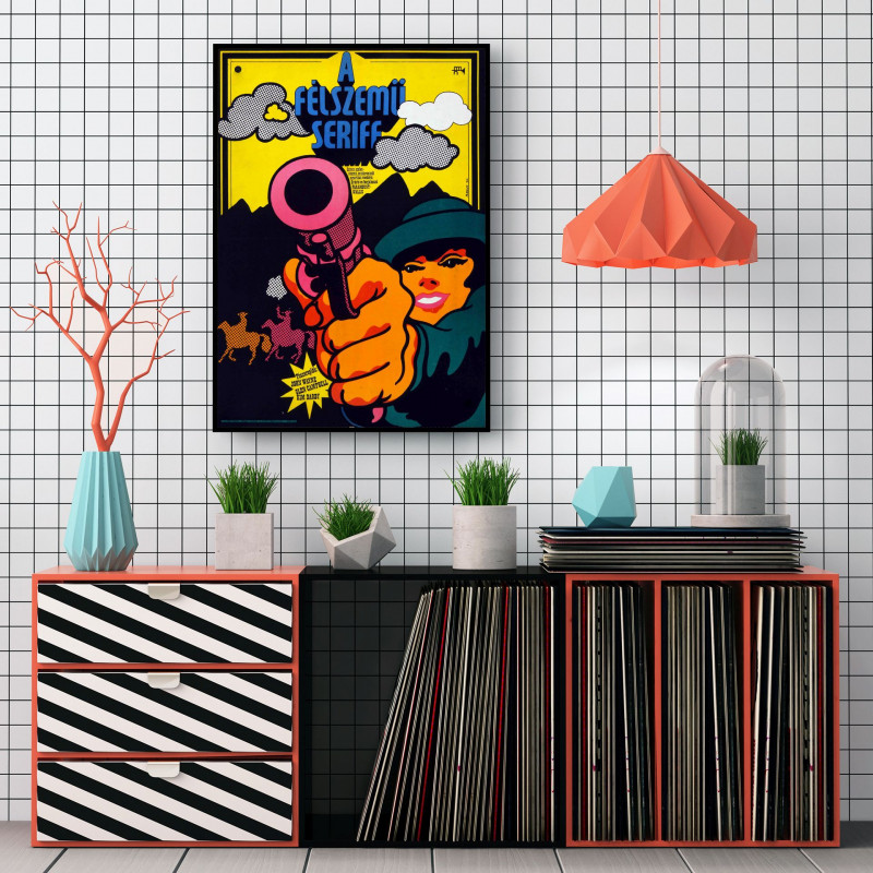 Mock up poster in the interior in the style of Memphis. 3d illus
